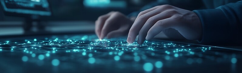 Leinwandbilder - A close-up of hands typing on a futuristic interface with glowing connections, symbolizing advanced technology and digital interaction.