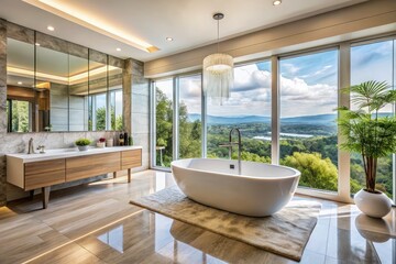 Sticker - Luxurious Bathroom With a Freestanding Tub and Scenic View of Nature. Generative AI