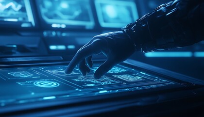 Leinwandbilder - A futuristic hand interacts with a glowing touchscreen interface, surrounded by screens displaying digital information in a high-tech environment.
