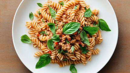 Sticker - A plate of fusilli pasta topped with minced meat sauce and garnished with fresh basil leaves on a wooden table.