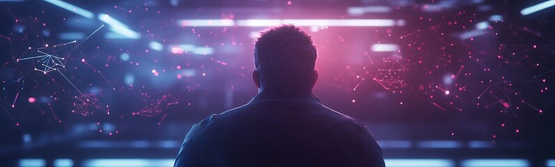 Aufkleber - A silhouetted figure stands against a backdrop of vibrant light, suggesting a futuristic or digital environment filled with abstract elements.