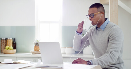Aufkleber - Man, laptop and coffee in kitchen for remote work, planning or personal finance management. Entrepreneur, drinking tea or music in home for productivity, online banking or invoice payment in schedule