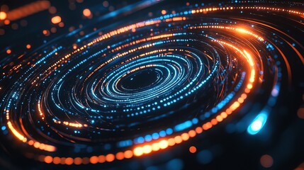 Wall Mural - abstract glowing circular pattern with blue and orange lights on a black background.