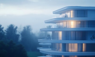 Fototapete - A modern apartment building with sleek lines and balconies is bathed in soft light, set against a foggy backdrop of trees.