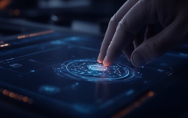 Aufkleber - A hand reaches out to touch a glowing holographic interface, illuminating digital patterns resembling a galaxy or cosmic elements.