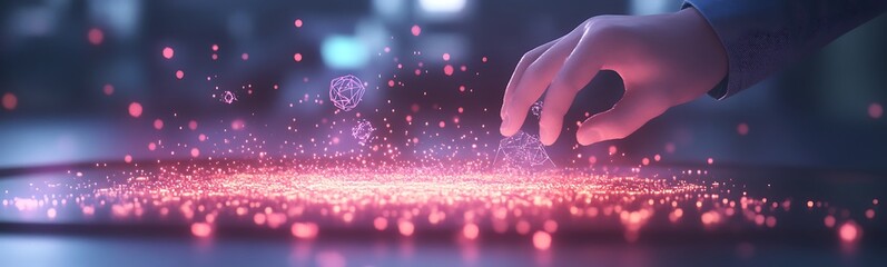 Poster - A hand hovers over a glowing surface with vibrant particles, creating a sense of interaction and magic in a digital environment.
