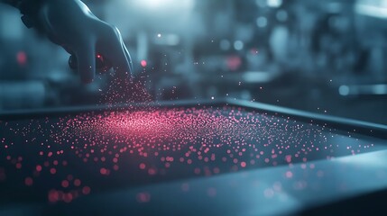 Poster - A futuristic hand reaching towards a glowing red display, surrounded by floating particles, suggesting advanced technology and digital interaction.