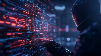 Poster - A mysterious figure interacts with a glowing digital interface, surrounded by vibrant red and blue data streams in a dark, futuristic environment.