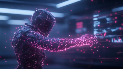 Poster - A futuristic figure composed of glowing particles interacts with a digital interface in a high-tech environment.