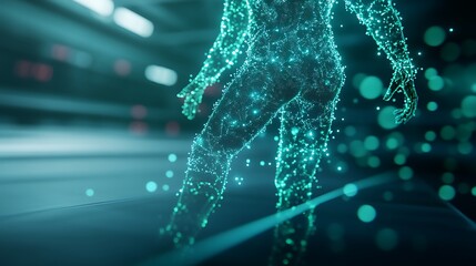 Poster - A digital figure composed of glowing particles represents advanced technology and futuristic concept in a sleek, modern environment.