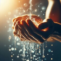 Wall Mural - Hands cupping water Close up of hands catching water droplets em