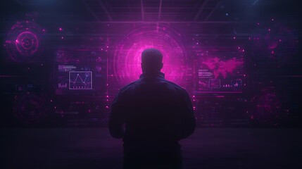 Poster - A figure stands silhouetted against vibrant, abstract digital displays, creating a futuristic and tech-inspired atmosphere.