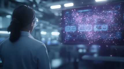 Aufkleber - A scientist observes a holographic interface displaying vibrant data and cosmic visuals in a futuristic lab setting.