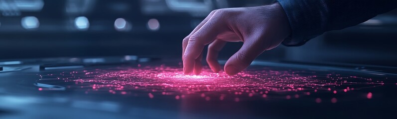 Poster - A hand touches a glowing, pink holographic interface, pulsing with light in a futuristic setting, suggesting advanced technology and interaction.