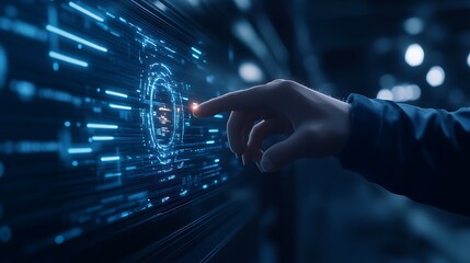 Aufkleber - A hand interacts with a glowing digital interface, symbolizing technology, innovation, and connectivity in a futuristic setting.
