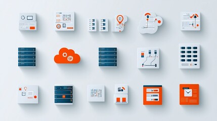Aufkleber - Minimalist of Data Hosting Services Icons Including Servers Virtual Clouds and Database Connections on a Clean White Background