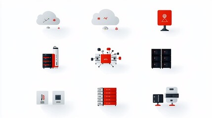 Fototapete - Scalable Cloud Infrastructure Icons Representing Server Clusters Storage and Load Balancing Concepts on a White Background  of Digital Transformation Enterprise IT Solutions and Innovative Technology