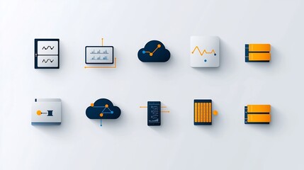 Fototapete - Minimalist icons illustrating the key features and benefits of hosting and cloud computing services including network connectivity secure data storage and scalable database solutions