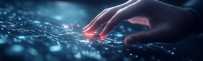 Poster - A hand gently touches a luminous digital surface filled with intricate patterns of light, symbolizing technology and connectivity.