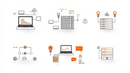 Leinwandbilder - A comprehensive set of technological icons showcasing the key elements and concepts within the digital landscape including laptops servers coding symbols