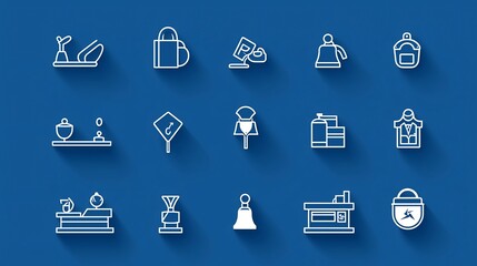 Poster - Comprehensive line icon set featuring essential elements for reception services including a receptionist hotel bell and information counter
