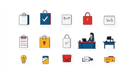 Aufkleber - Editable line style icons representing guest check in receptionist and reservation desk services for hospitality hotel motel and travel industry applications  Minimalist modern