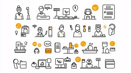Fototapete - Clean minimal featuring a collection of icons representing various elements of a reception desk setup including staff cashier and client support designed for use in business and office environments