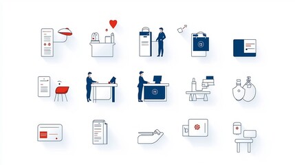 Aufkleber - Minimalist featuring a set of icons representing reception staff guest information desk and reservation services for a hotel or customer service environment  The simple