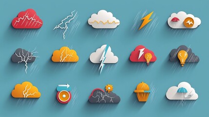 Fototapete - Vibrant and Powerful Stormy Weather Icons Depicting Intense Lightning Bolts Dark Clouds and Dramatic Rain in a Style