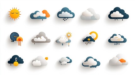 Aufkleber - Colorful and Minimalist of Stylized Cloudy Weather Icons with Layered Soft Gray Shades and Partly Cloudy Variations