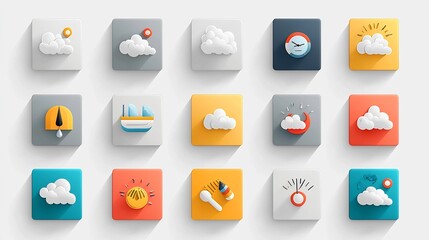 Aufkleber - Colorful Layered Cloud Icons Depicting Diverse Cloudy Weather Conditions in a Soft Minimalist