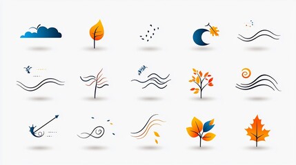 Poster - Swirling Autumn Winds Vibrant Weather Icons with Blowing Leaf Effects  Colorful showcasing dynamic wind and gust motifs featuring autumn leaves in a whirlwind of motion