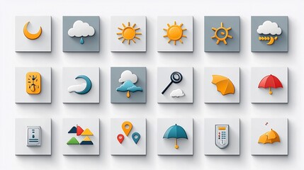Poster - Vibrant Collection of Colorful Weather Icons Depicting Foggy Misty and Cloudy Conditions with Gray Blue Hues in Minimalist Style