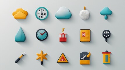 Poster - Collection of colorful icons and symbols representing foggy misty and low visibility weather conditions with gray blue hues and a style design  Suitable for use in atmospheric environmental