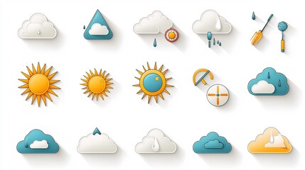 Poster - Partly Sunny Weather Icon Set Featuring Combination of Sun and Cloud Symbols in Colorful Modern Style for Digital Interfaces and Designs
