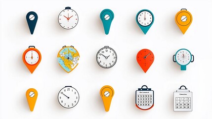 Leinwandbilder - Vibrant icon set depicting a combination of location time and calendar symbols  Includes clocked pins map markers and calendar icons in a modern digital design style