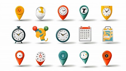 Leinwandbilder - Vibrant Illustrated Icon Set Depicting Combined Location and Time Concepts with Clocked Pins Map Symbols and Calendar Icons in a Modern Style