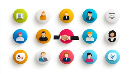 Aufkleber - Vibrant and Colorful Illustrative Icons Depicting Various Aspects of Social Professional Partnerships in a Business or Corporate Environment