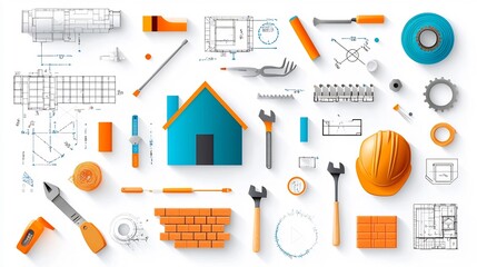 Poster - Vibrant Showcasing a Collection of Home Construction Elements such as Tools Bricks and Blueprint Symbols in Bright Colorful Design