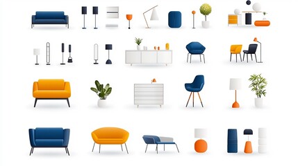 Poster - Vibrant icon set featuring a variety of modern minimalist and geometric design elements for interior spaces including furniture decor items and houseplants in a clean colorful and stylish aesthetic
