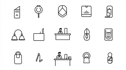 Aufkleber - Set of minimalist line art icons representing essential elements of a hotel reception desk including a receptionist hotel bell and client assistance symbols conveying a modern professional