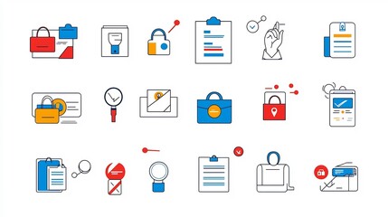Poster - Minimal icon set illustrating the process of document upload and online sign up for a business or service  The icons depict a simple clean and modern design suitable for user interface web