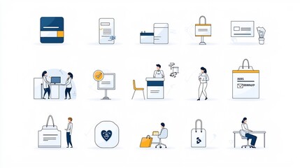 Leinwandbilder - Collection of simple line icons showing various tasks and identity verification symbols including receptionist digital sign up and other related elements for business software and workflow processes