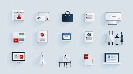 Leinwandbilder - Collection of task icons featuring symbols for identity verification receptionist and digital sign up processes in a simple line design