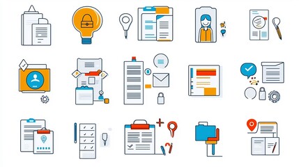 Fototapete - Thin line icon set featuring symbols for creating editing and managing digital information documents and administrative services in a professional office or business environment