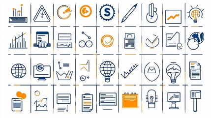 Aufkleber - Minimalist outline icon set featuring a collection of 60 business related symbols and graphics for finance strategy and productivity applications and tools with editable design