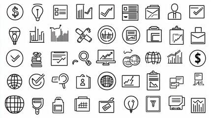 Aufkleber - Comprehensive Outline Icon Set Covering Key Business Elements Like Strategy in a Clean Design