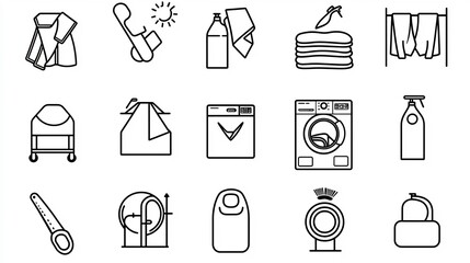 Poster - Comprehensive Collection of 30 Thin Line Icons Representing Various Fabric Care Symbols and Household Laundry Features including Washing Drying and Ironing Processes