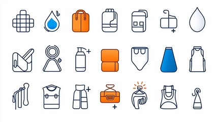 Poster - Comprehensive collection of 30 sleek and modern linear icons designed to visually represent various technical attributes of fabrics and textiles including water repellency UV protection