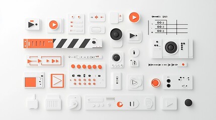 Fototapete - Collection of simple icons representing various media controls and production elements such as streaming symbols in a minimalist abstract style for use in digital applications software interfaces